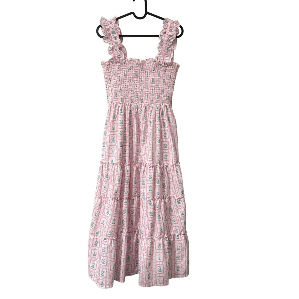 Smockingbird Pink Floral Frame Smocked Ruffle Strap Tiered Maxi Dress Small